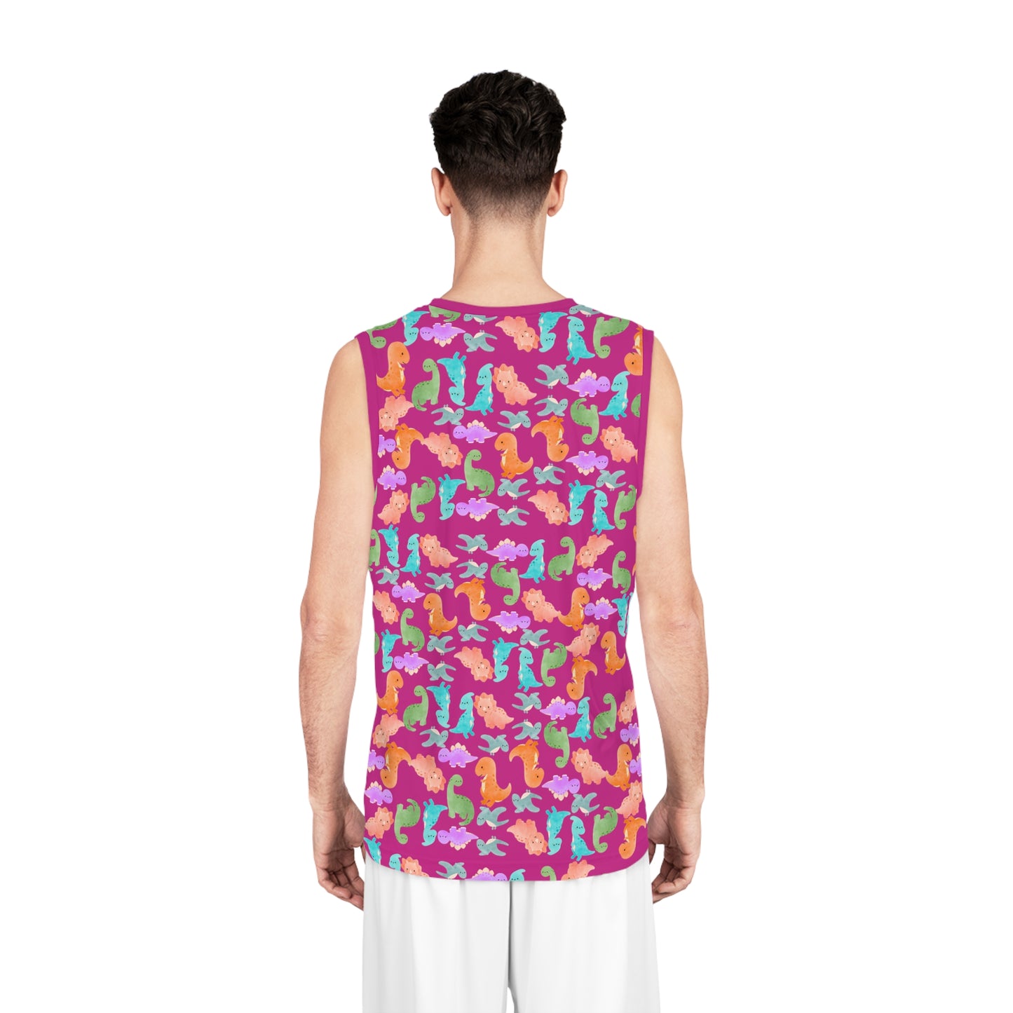 DinoInspired Basketball Jersey Vibrant Sport Tank Fun Summer Apparel Beach Style Gear Youth and Adult Sizes Unique Gift for Players Rainbow Dinos Pink