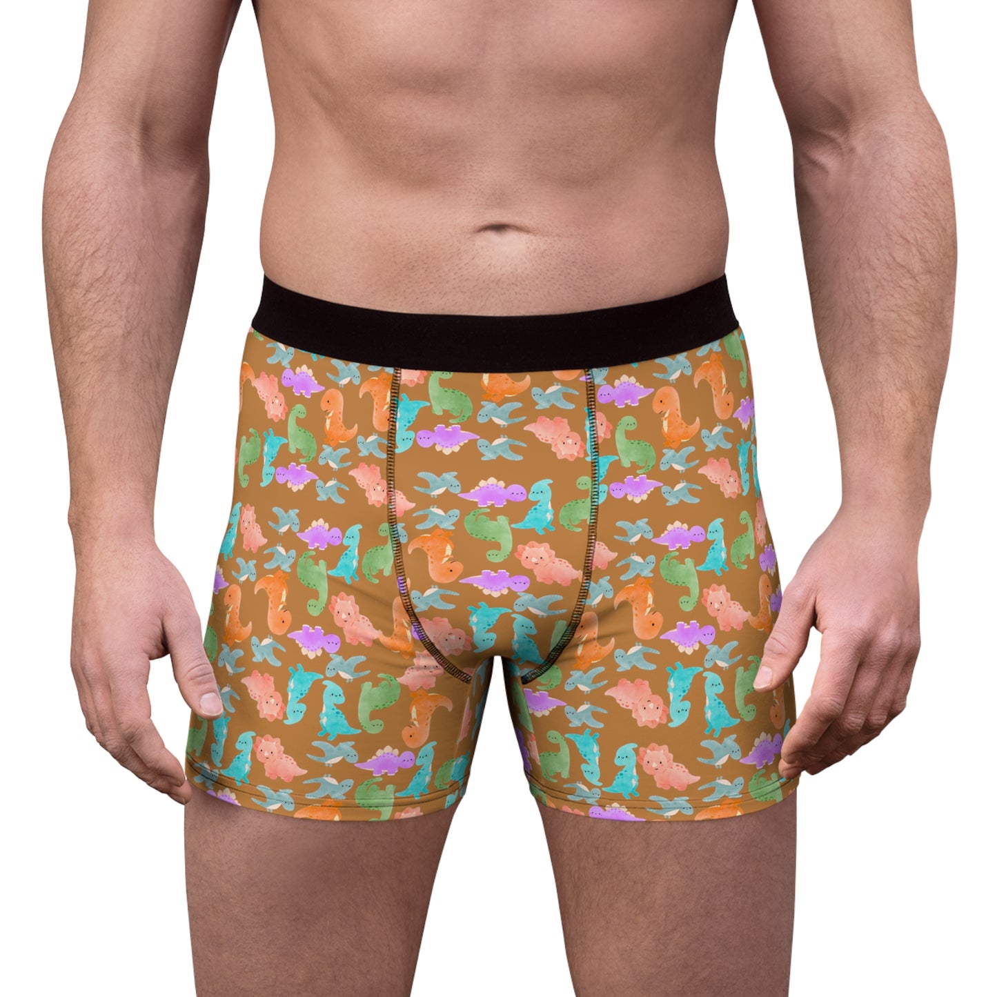 Playful Dino Print Mens Boxer Briefs Fun Underwear Colorful AOP Briefs Gift for Him Beach Vibe Loungewear Rainbow Dinos Light Brown
