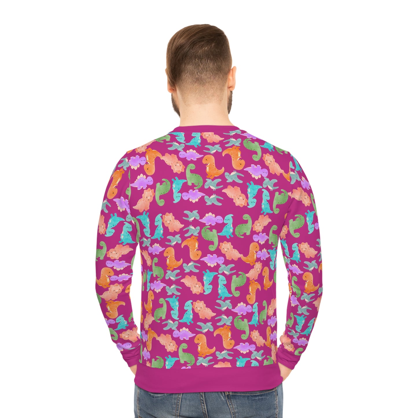 Colorful Dino Lightweight Sweatshirt | Cozy Gift for Ocean Lovers | Perfect for Casual Wear Beach Days Summer Parties Travel Rainbow Dinos Pink