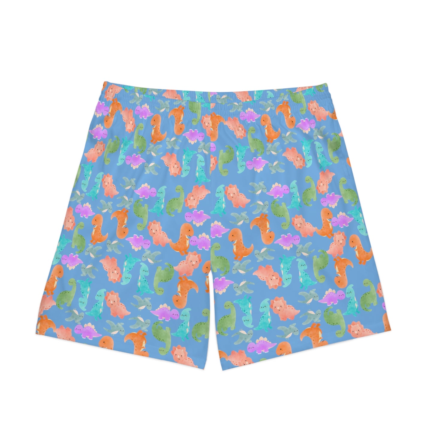 Colorful Dino Beach Shorts for Men Summertime Swimwear Vacation Essentials Pool Party Attire Trendy Summer Apparel Rainbow Dinos Light Blue