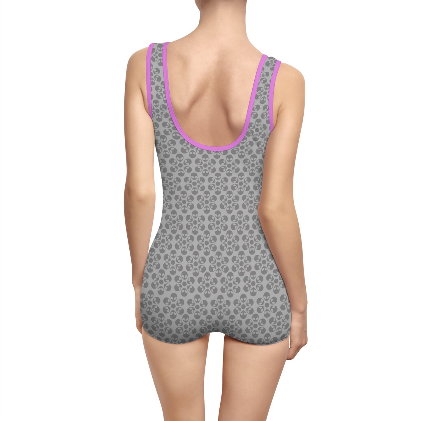 Womens Vintage Swimsuit Alien Flowers Light Grey