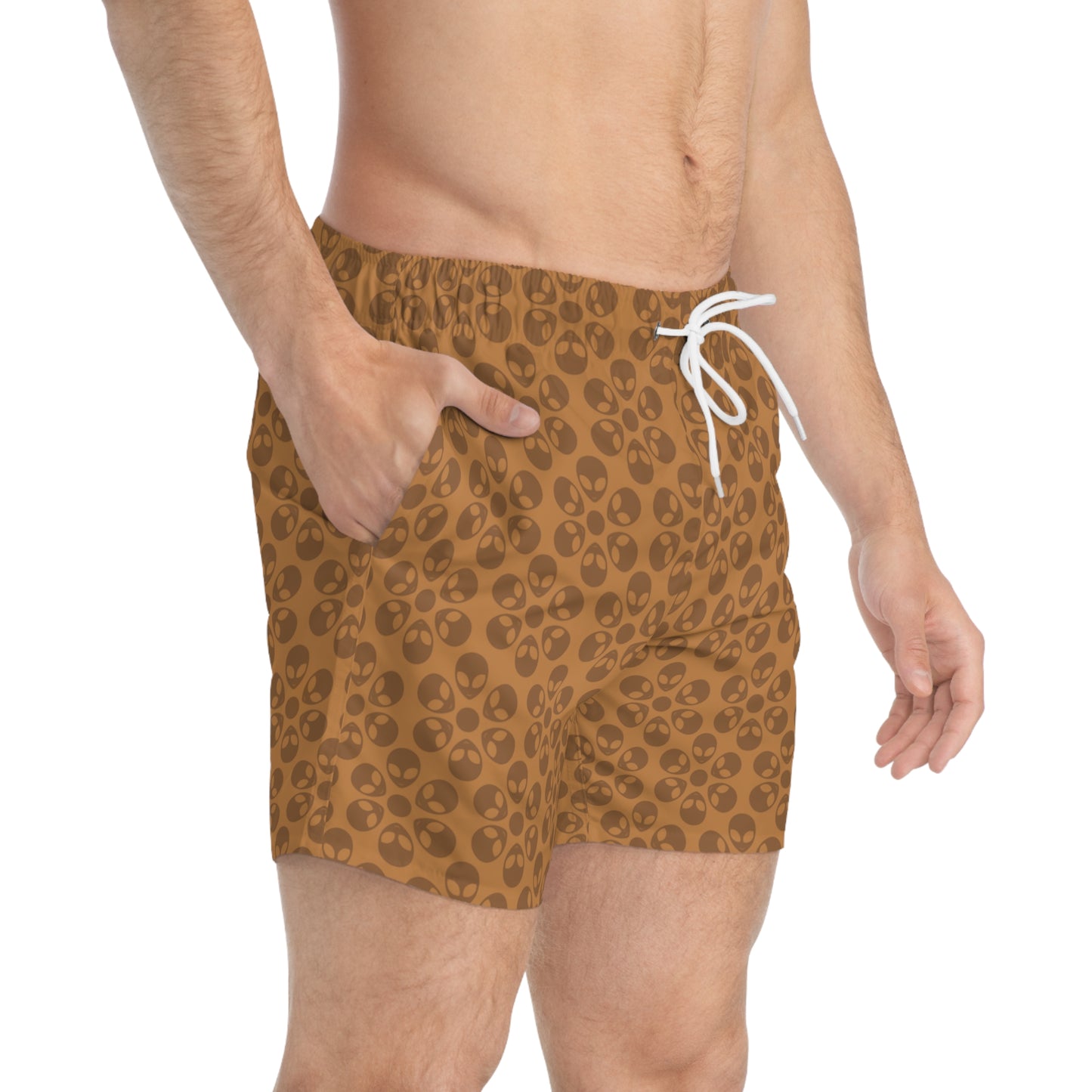 Stylish AOP Swim Trunks for Beach Days Summer Fun Pool Parties Vacation Wear Gift for Him Alien Flowers Light Brown