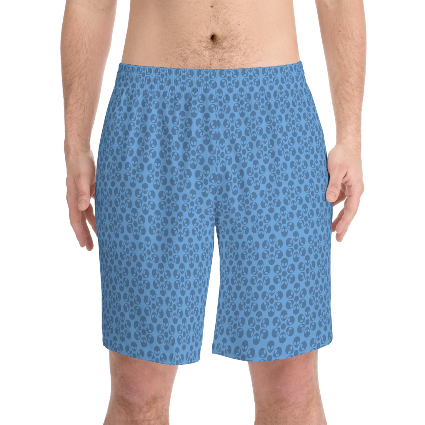 Mens Elastic Beach Shorts Alien Flowers Light Blue