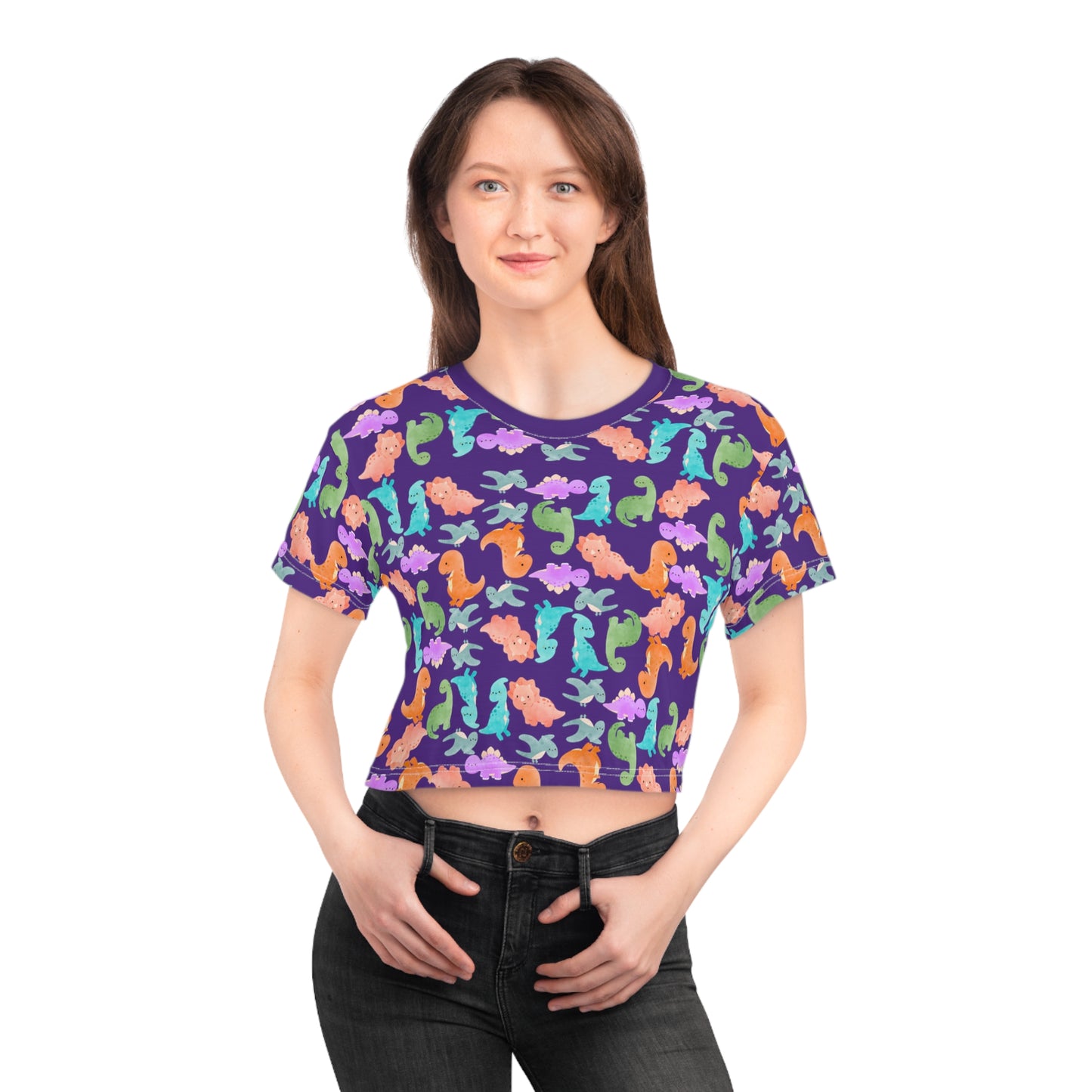 Whimsical Dinosaur Crop Tee for Kids Cheerful Summer Top Fun Gift for Dinosaur Lovers Playful TShirt for Birthdays Trendy Casual Wear Rainbow Dinos Purple