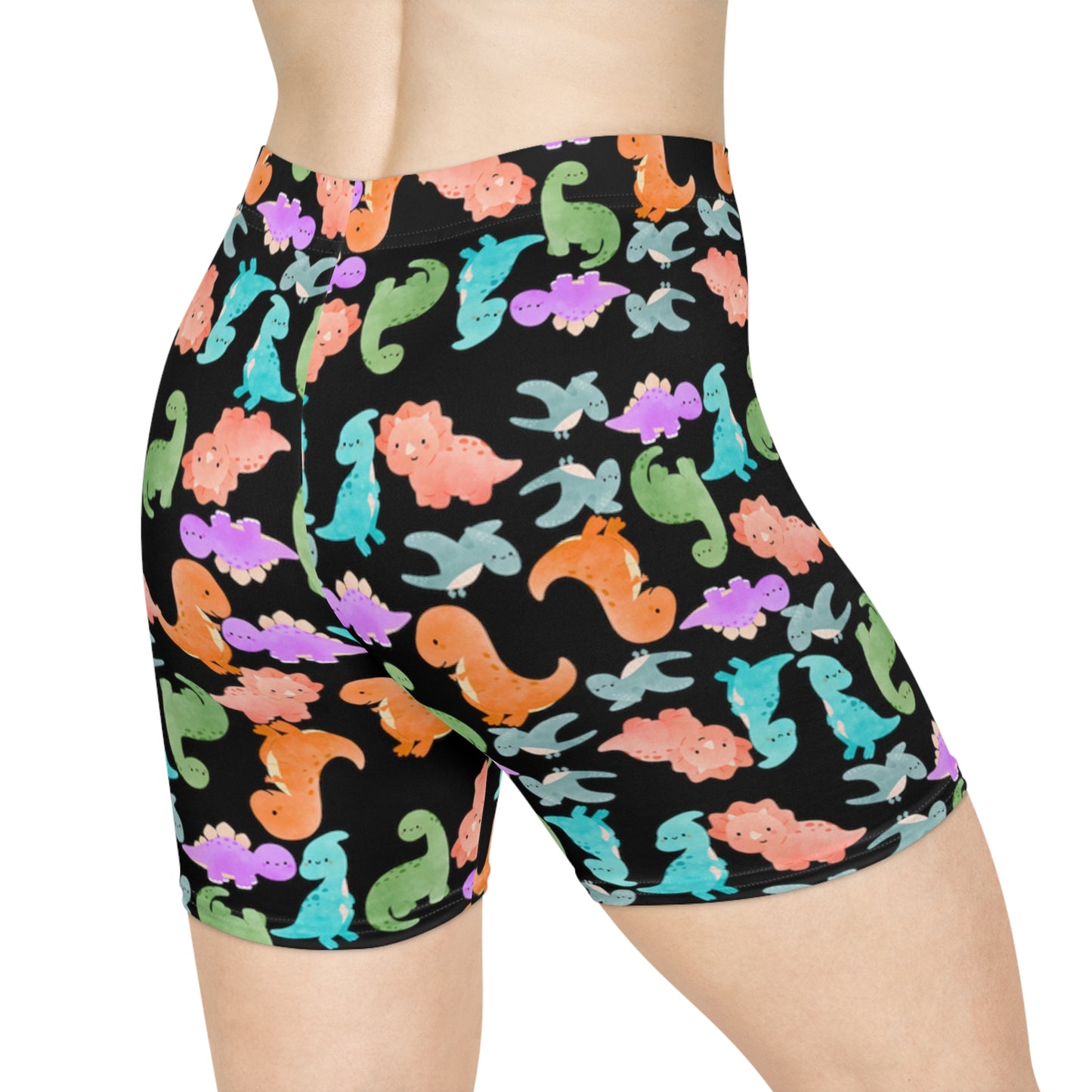 Colorful Dinosaur Womens Biker Shorts  AOP Perfect for Casual Wear workout Summer Birthdays Playdates Unique Gift Rainbow Dinos Black