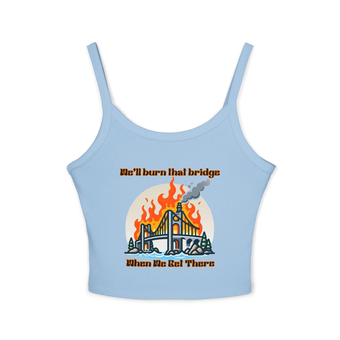Fire Bridge Graphic Spaghetti Strap Tank Top - Casual Summer Apparel for Fun Days Out