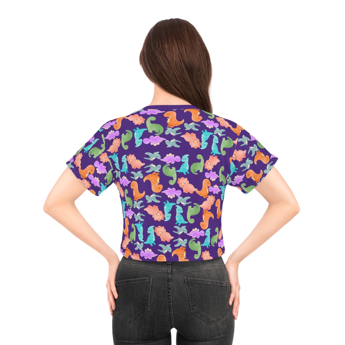 Whimsical Dinosaur Crop Tee for Kids Cheerful Summer Top Fun Gift for Dinosaur Lovers Playful TShirt for Birthdays Trendy Casual Wear Rainbow Dinos Purple
