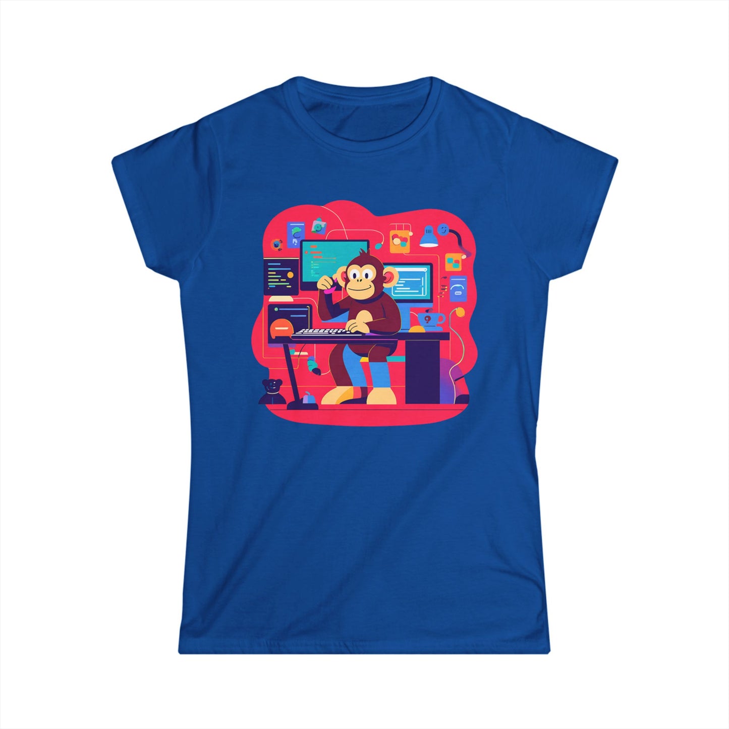 Cute Gamer Monkey Tee, Women's Gaming Shirt, Fun Softstyle Tee, Anime Style T-Shirt, Gift for Gamers, Cute Animal Apparel