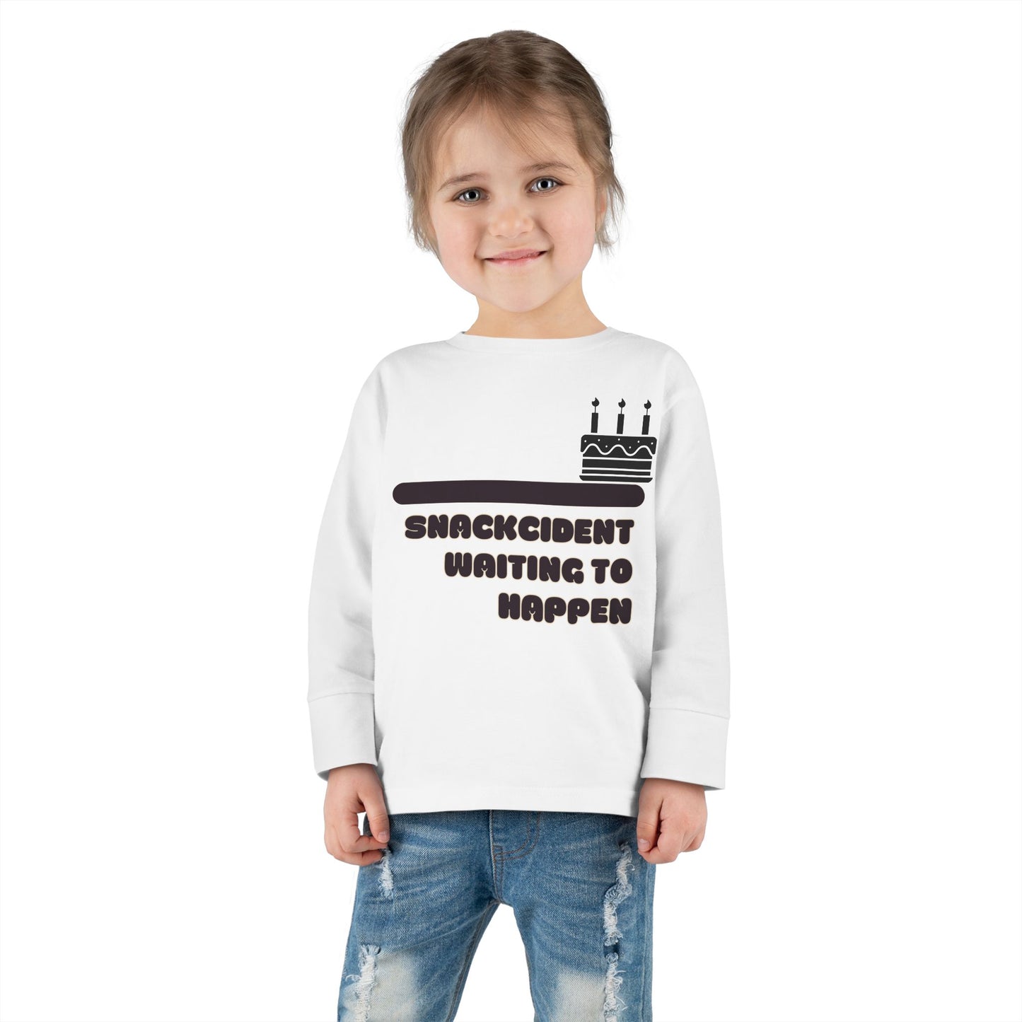 Snackcident Waiting to Happen Toddler Long Sleeve Tee | Cute Kids Shirt | Fun Gift for Birthdays, Playdates, Parties, Food Lovers