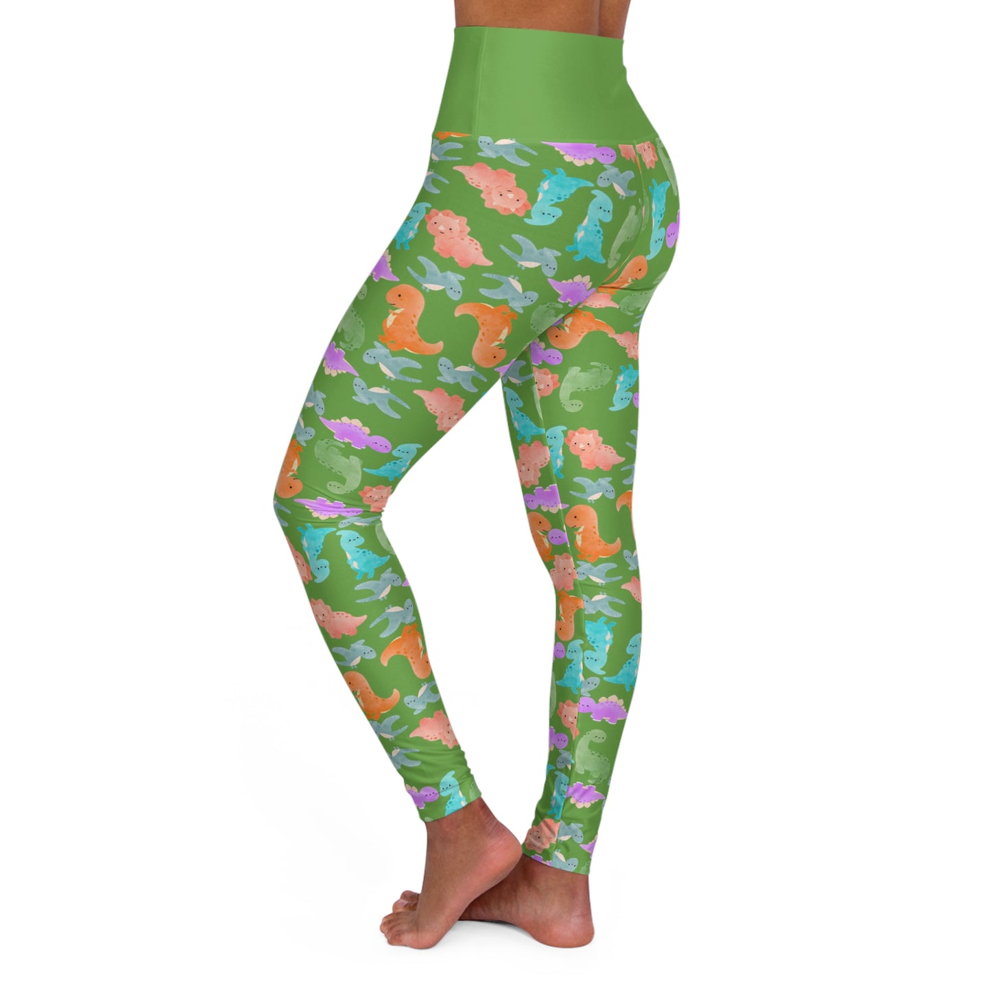 Whimsical Dinosaur Print Yoga Leggings High Waisted Fitness Leggings Party Wear Cute Workout Pants Trendy Sports Leggings Gifts for Her Rainbow Dinos Green