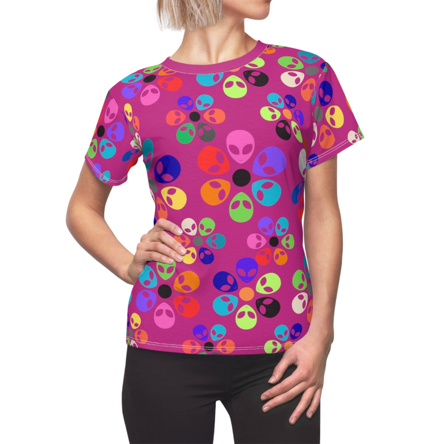 Colorful Alien Print Tee Fun Casual Shirt Unique Gift for SciFi Fans Festival Wear Statement Tee Summer Top Alien Rainbow Flowers Pink