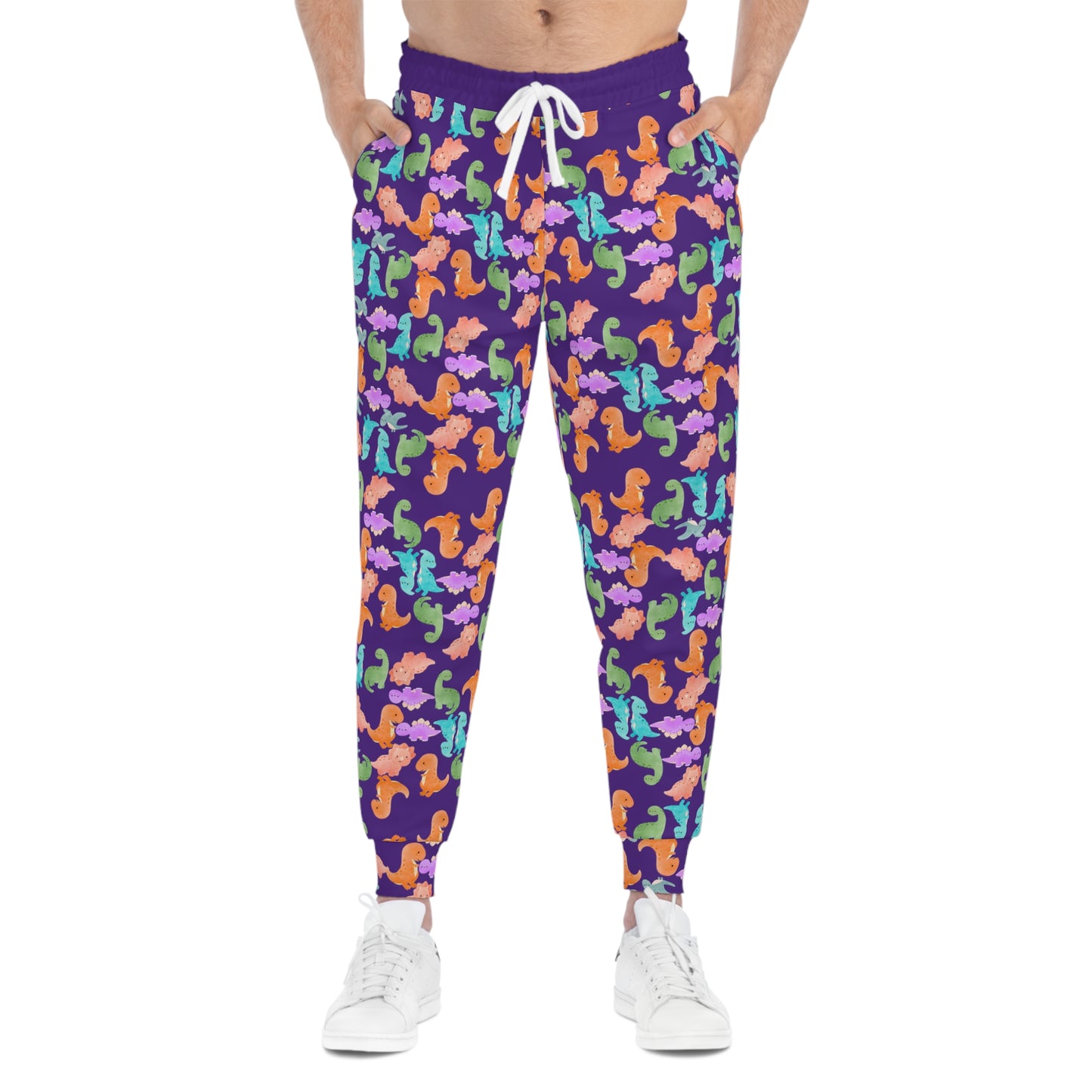 Colorful Dinosaur Print Joggers Fun and Comfortable Athletic Pants Perfect for Kids and Adults Loungewear Gift for Holidays Rainbow Dinos Purple