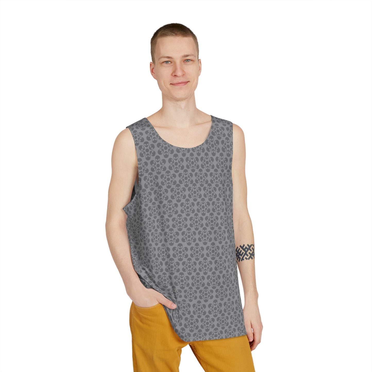 Stylish Mens Tank Top  AOP Leopard Print Summer Wear Fitness Gear Casual Apparel Trendy Vacation Outfit Alien Flowers Grey