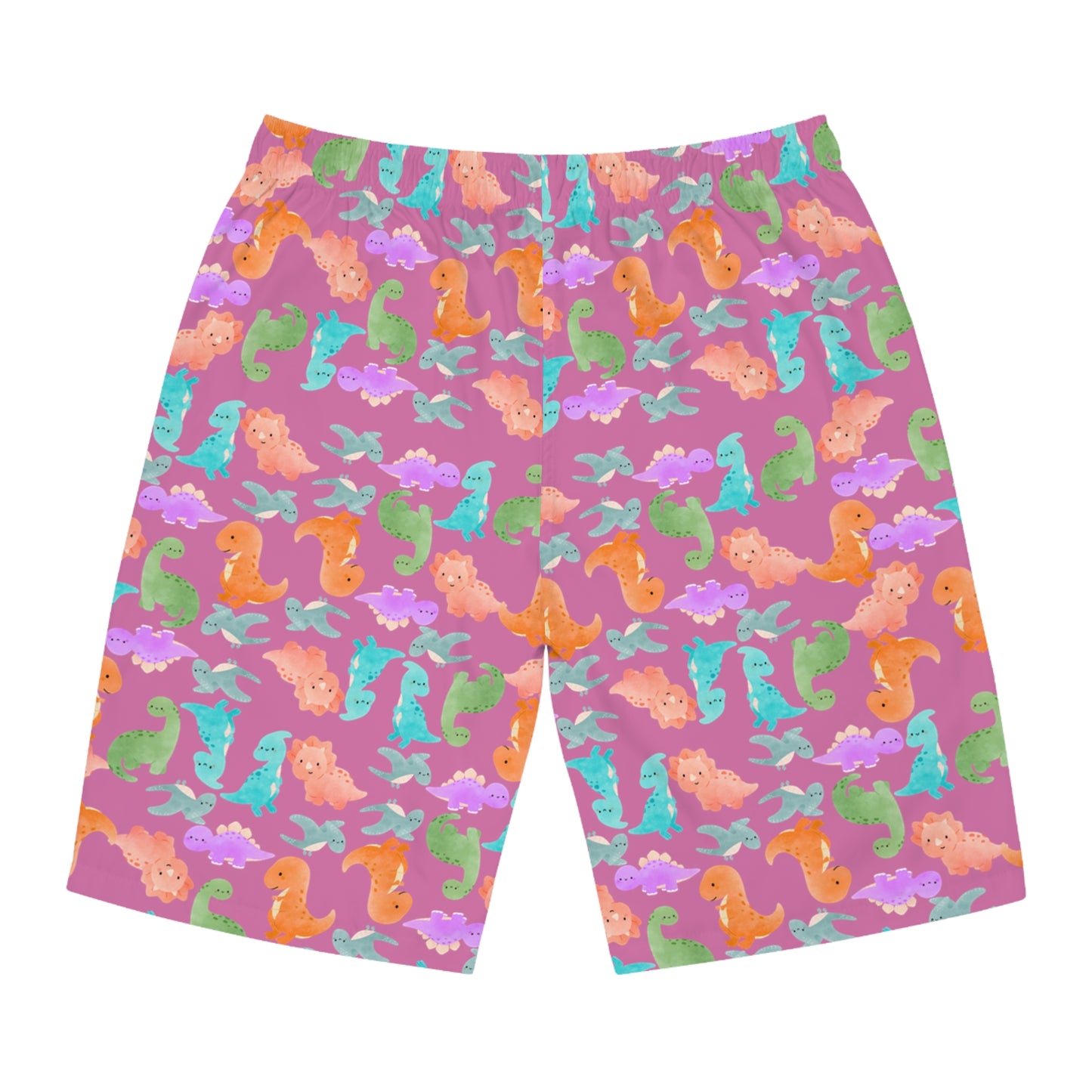 Dino Print Mens Board Shorts Summer Swimwear Beach Wear Vacation Essentials Gift for Him Rainbow Dinos Light Pink