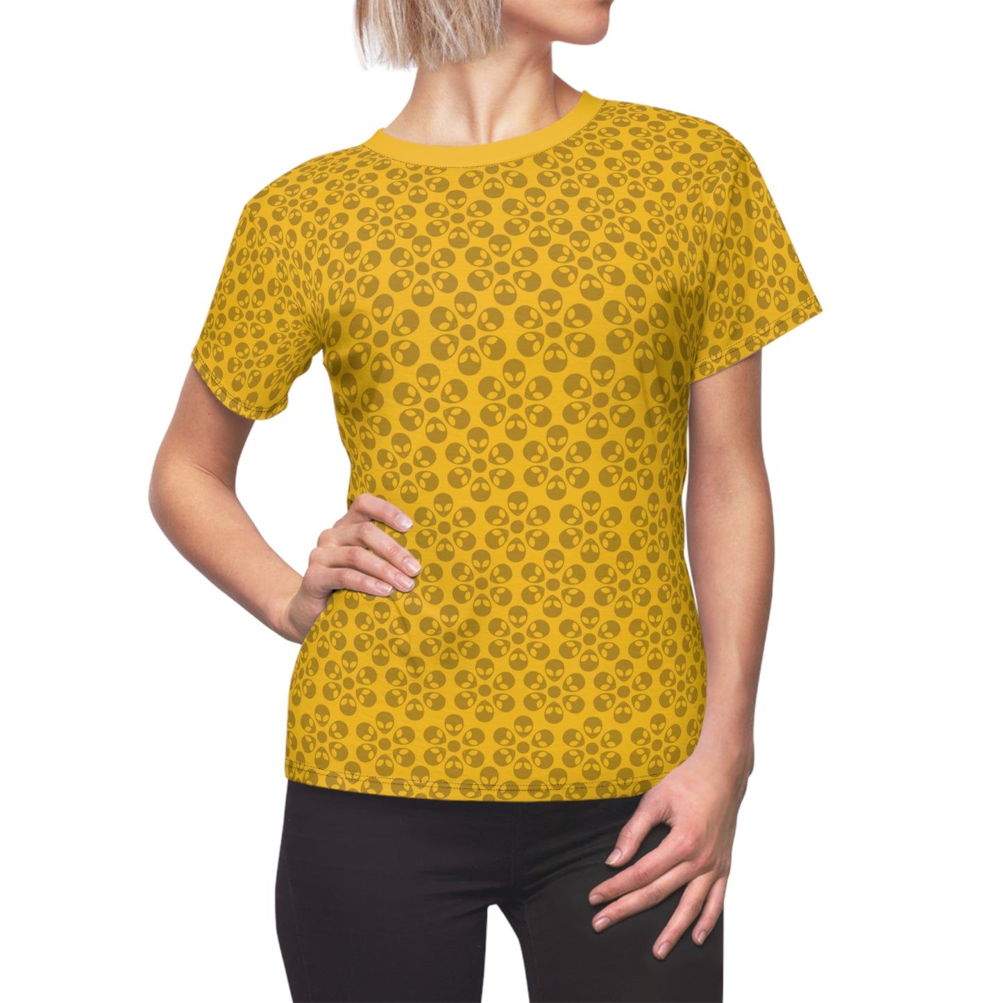 Stylish Womens Floral Tee  Casual Trendy Summer Fashion Gift for Her Short Sleeve Top Alien Flowers Yellow