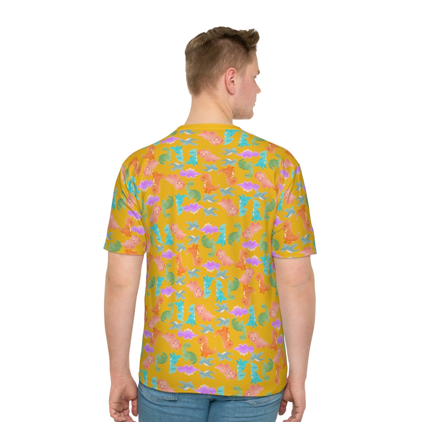 Whimsical Dino Mens Loose TShirt Beachwear Summer Shirt Gift Idea Casual Tee Rainbow Dinos Yellow