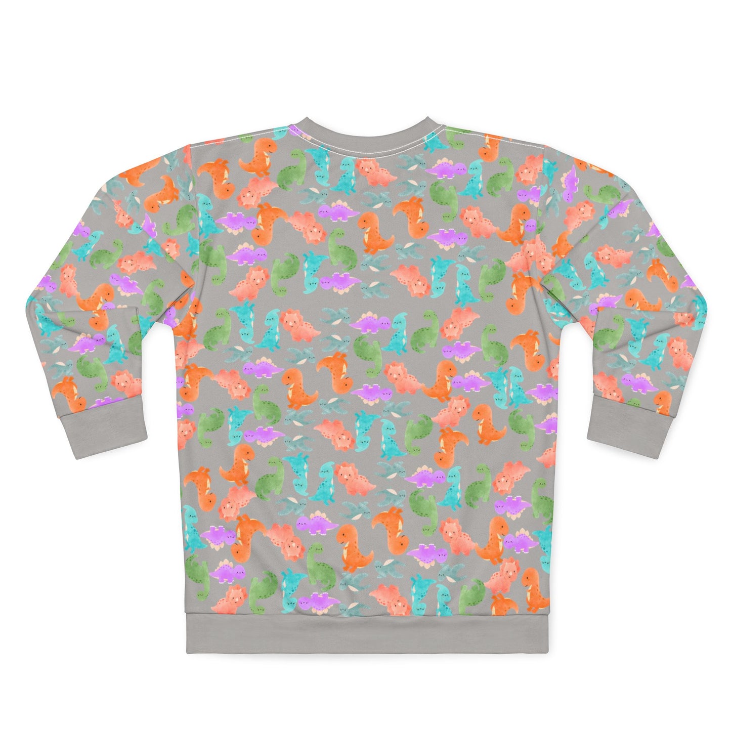 Colorful Dino Unisex Sweatshirt Ocean Vibe Apparel AOP Pullover for Beach Lovers Gift for Sea Life Enthusiasts Casual Cozy Wear Rainbow Dinos Light Grey
