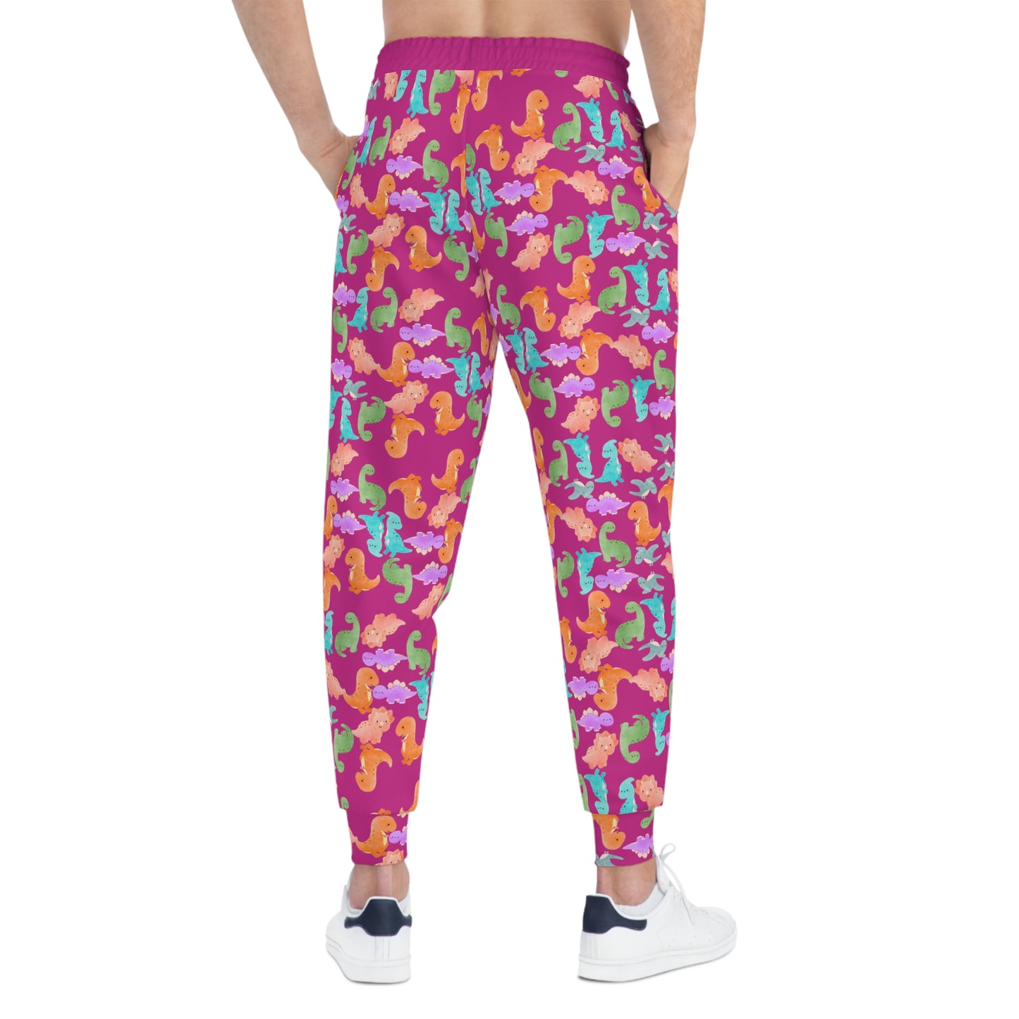 Colorful Dinosaur Print Joggers Fun and Comfortable Athletic Pants Perfect for Kids and Adults Loungewear Gift for Holidays Rainbow Dinos Pink