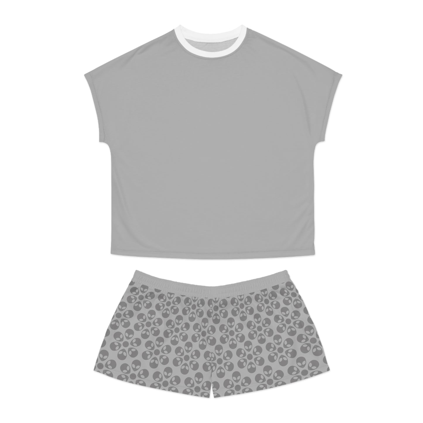 Stylish Womens Pajama Set Cozy Sleepwear AOP Floral Print Perfect for Lounging Gift for Her Summer Nights Relaxation Alien Flowers Light Grey