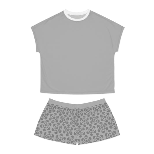 Stylish Womens Pajama Set Cozy Sleepwear AOP Floral Print Perfect for Lounging Gift for Her Summer Nights Relaxation Alien Flowers Light Grey