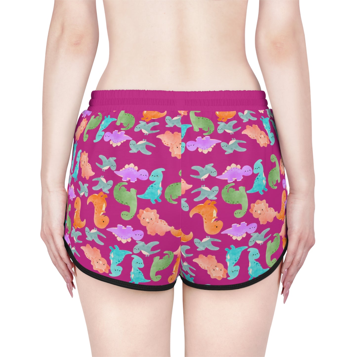 Colorful Dino Print Womens Relaxed Shorts Perfect for Summer Beachwear Loungewear Gift for Her Casual Style Rainbow Dinos Pink