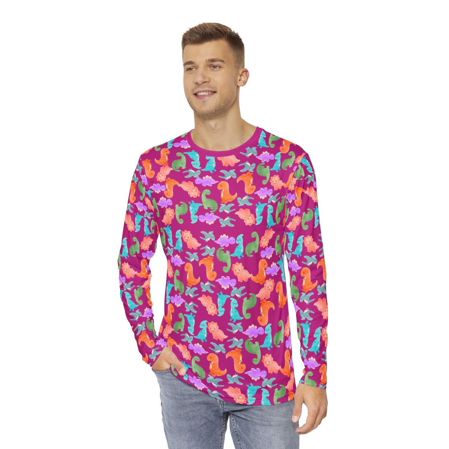 Cute Dino Print Mens Long Sleeve Shirt AOP Tee Tropical Beachwear Gift for Sea Lovers Summer Shirts for Men Rainbow Dinos Pink