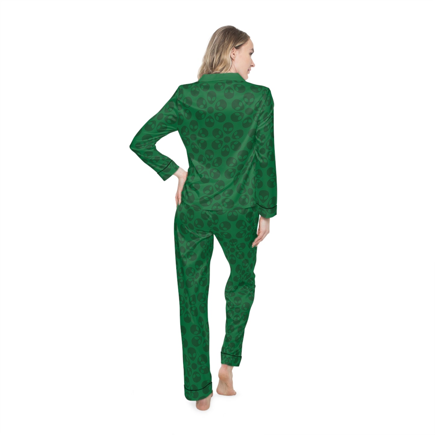 Womens Satin Pajamas  Alien Flowers Dark Green