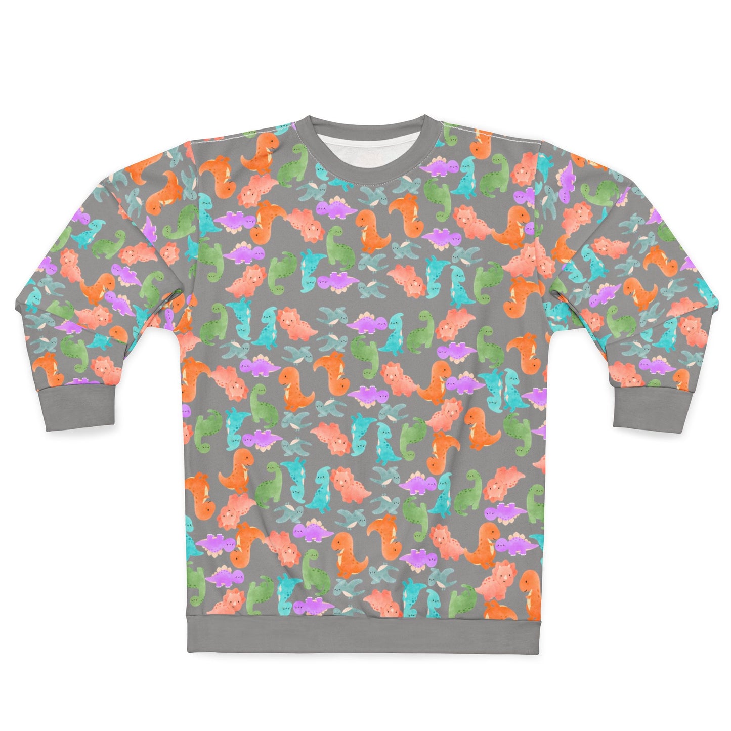 Colorful Dino Unisex Sweatshirt Ocean Vibe Apparel AOP Pullover for Beach Lovers Gift for Sea Life Enthusiasts Casual Cozy Wear Rainbow Dinos Grey