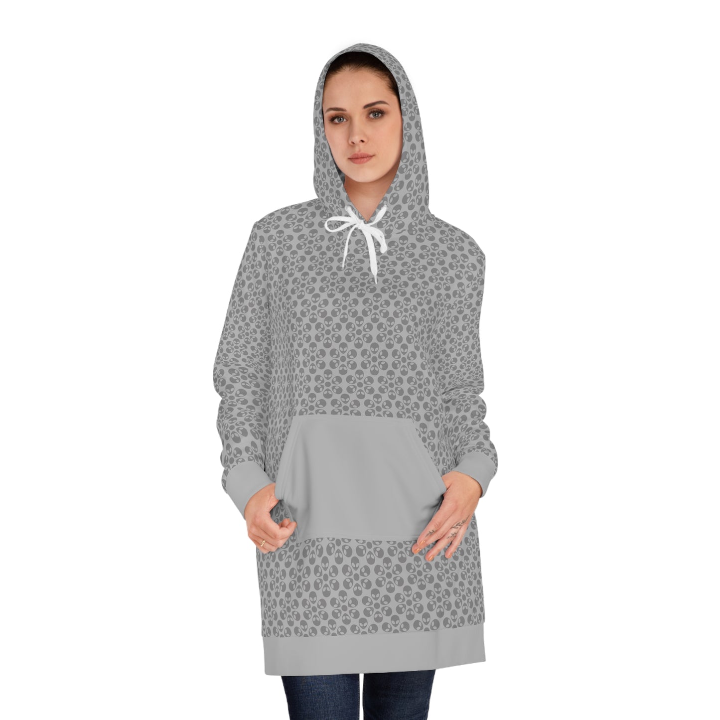 Womens Hoodie Dress Alien Flowers Light Grey