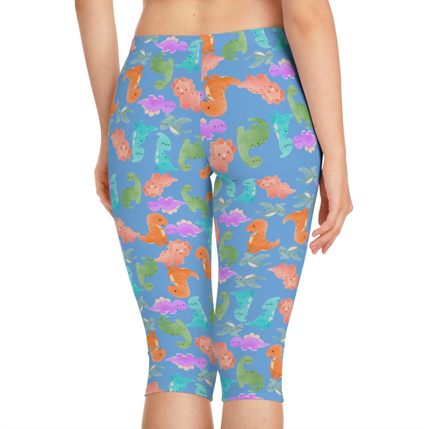Playful Dino Print Womens Capri Leggings Cute Stretchy Pants for Yoga Casual Outfits Loungewear Gift for Her Rainbow Dinos Light Blue