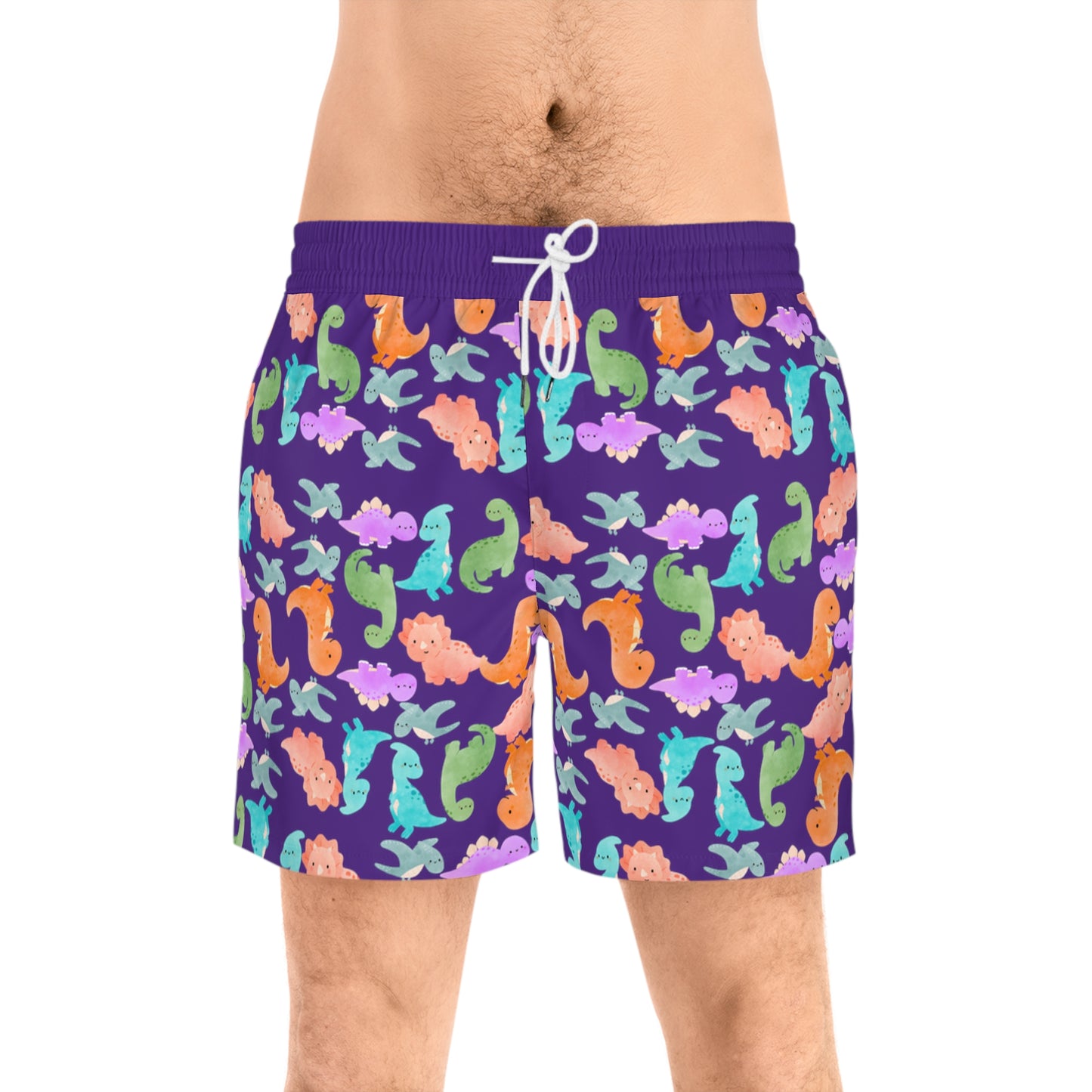 Colorful Dino Swim Shorts for Men | Beachwear Summer Fun Pool Parties Vacation Essentials Nautical Style Rainbow Dinos Purple