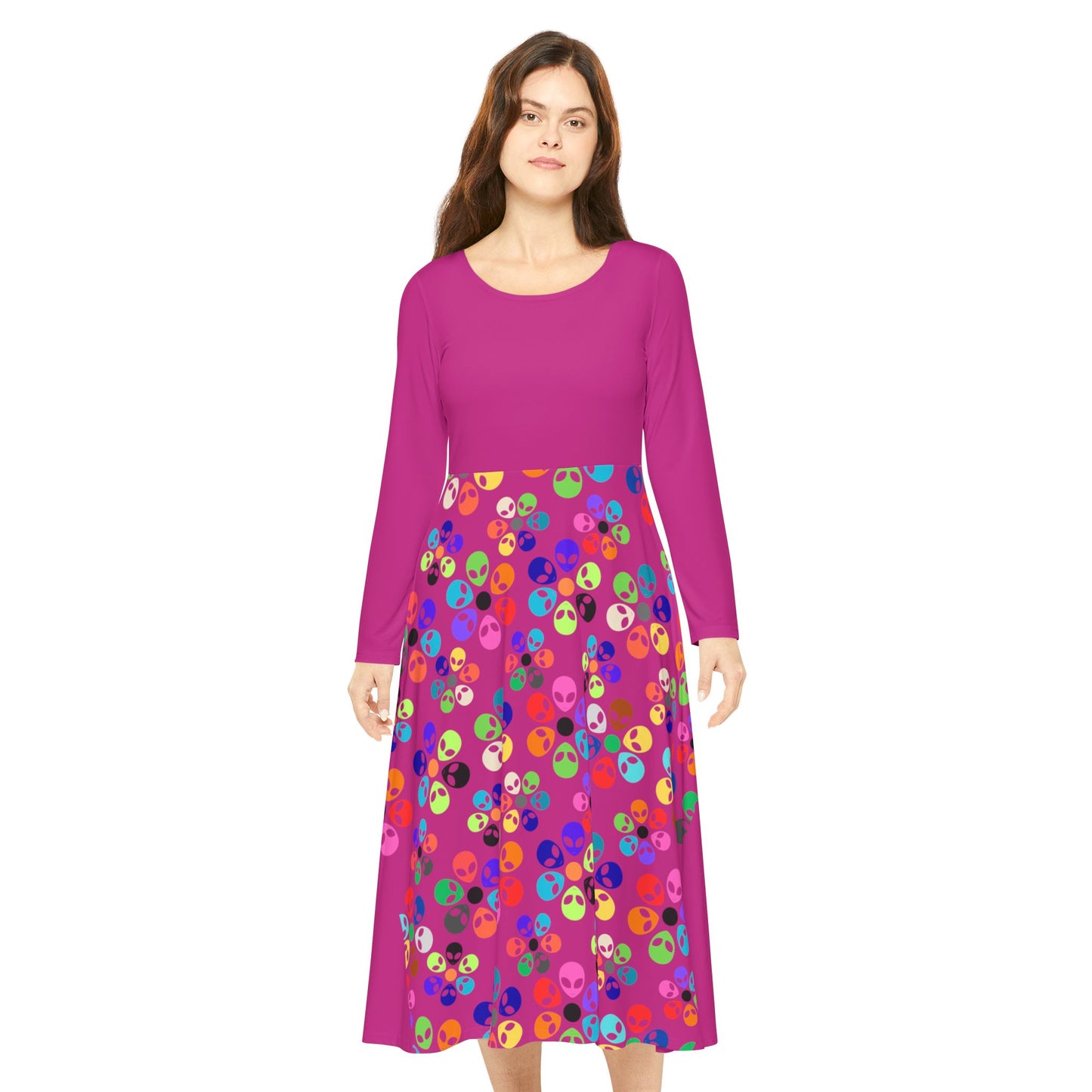 Vibrant Womens Long Sleeve Dance Dress Colorful Floral Style Perfect for Dance Parties Celebrations BohoChic Fashion Alien Rainbow Flowers Pink