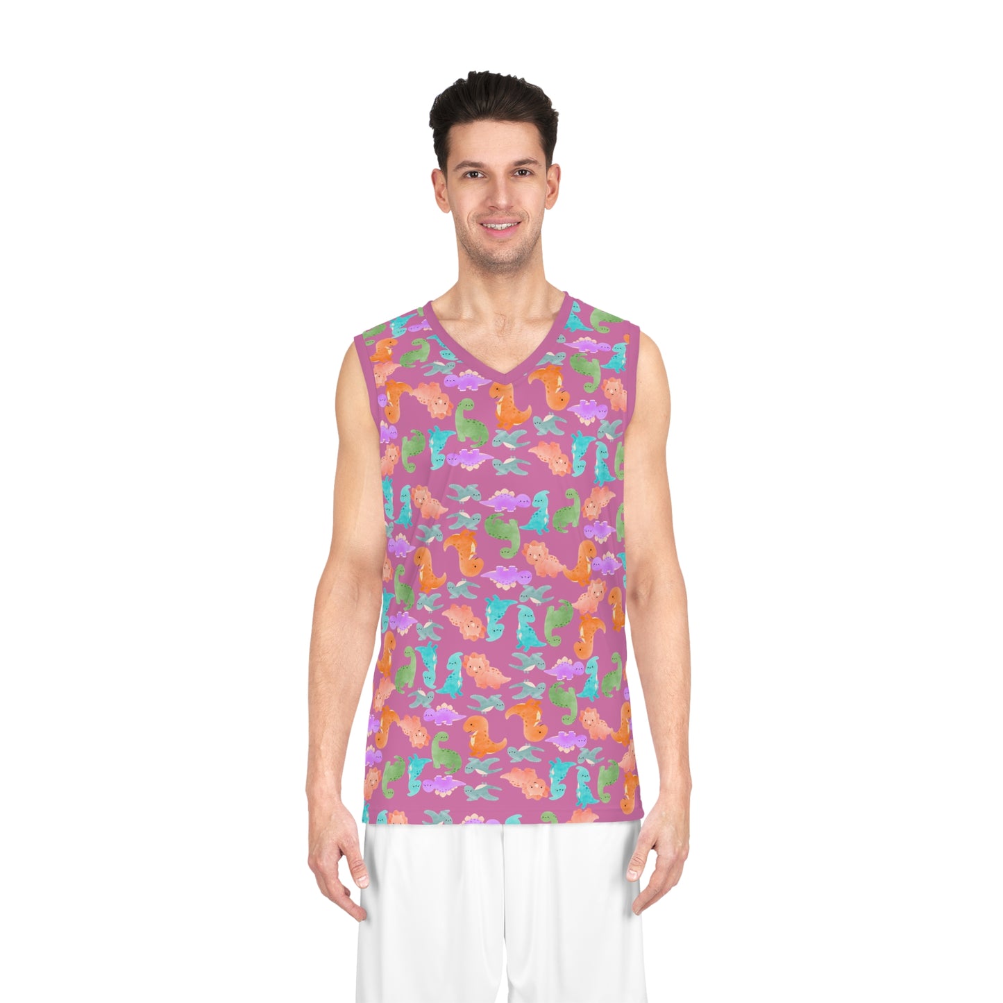 DinoInspired Basketball Jersey Vibrant Sport Tank Fun Summer Apparel Beach Style Gear Youth and Adult Sizes Unique Gift for Players Rainbow Dinos Light Pink