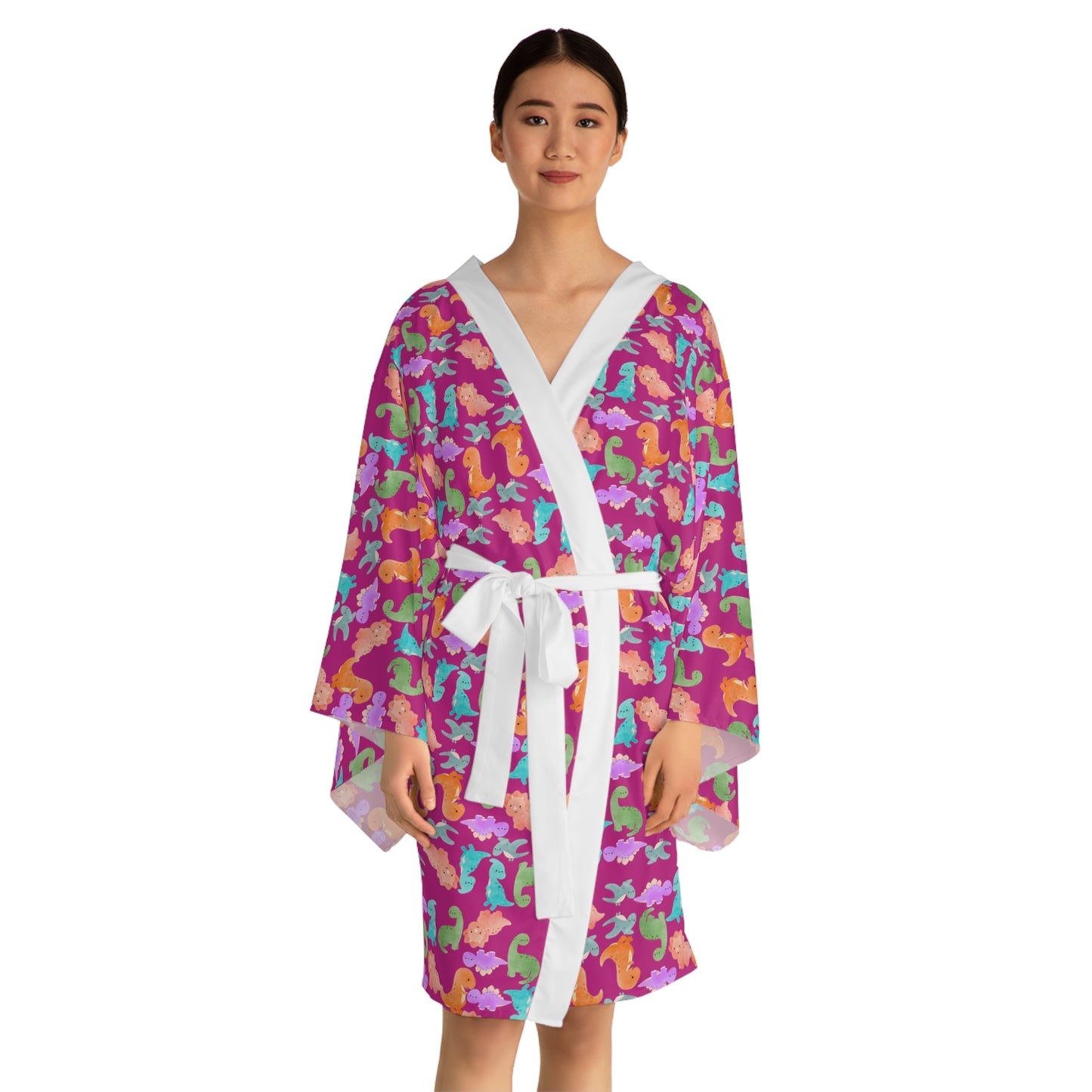 Vibrant Dino Print Long Sleeve Kimono Robe for Relaxation Loungewear Gift Summer Nights Cozy Style Rainbow Dinos Pink