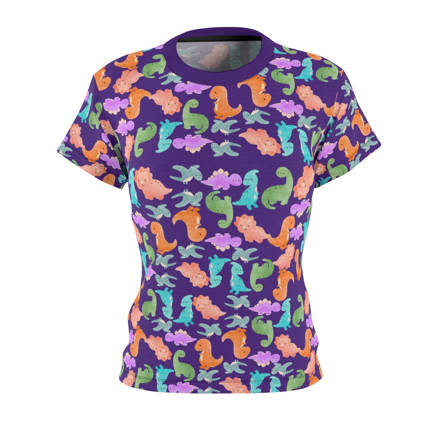 Colorful Dino Womens Tee Cute Summer Top Vibrant Casual Shirt Sea Animal Print Tee Gifts for Ocean Lovers Beachwear Rainbow Dinos Purple