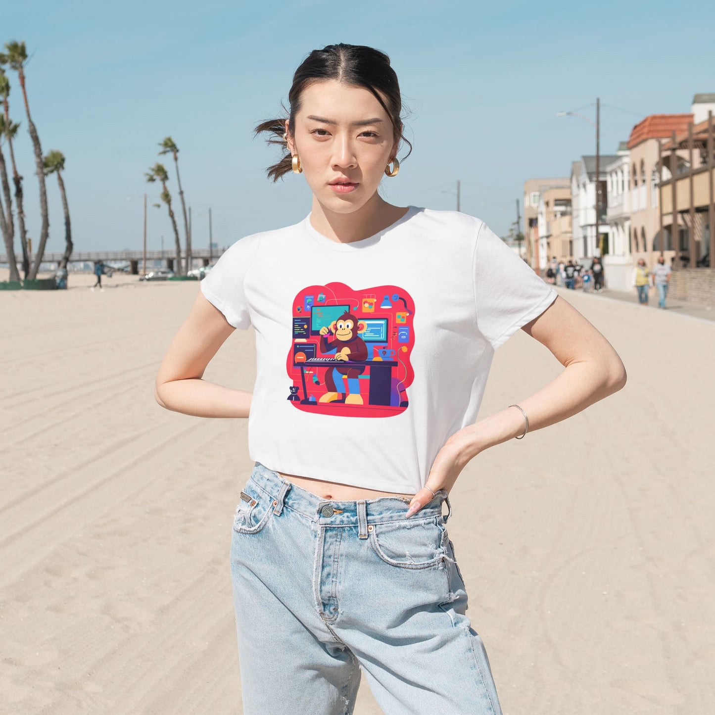 Retro Gamer Women's Flowy Cropped Tee, Cute Graphic Tee, Casual Wear, Gift for Gamers, Fun Summer Top, Kids Birthday Present