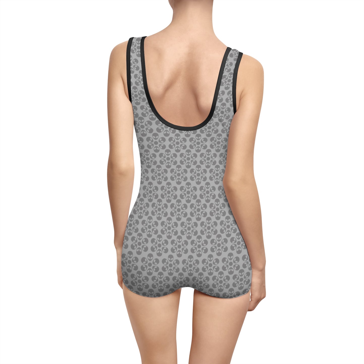 Womens Vintage Swimsuit Alien Flowers Light Grey