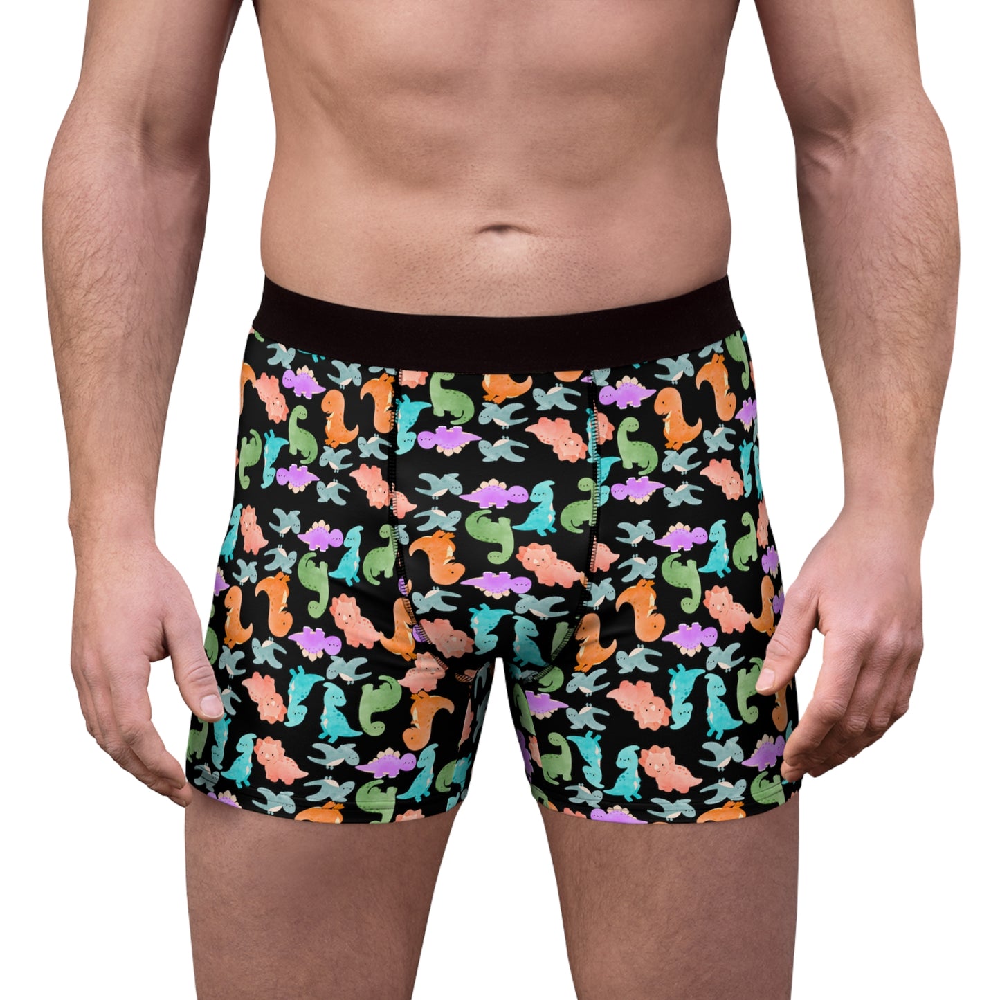 Playful Dino Print Mens Boxer Briefs Fun Underwear Colorful AOP Briefs Gift for Him Beach Vibe Loungewear Rainbow Dinos Black
