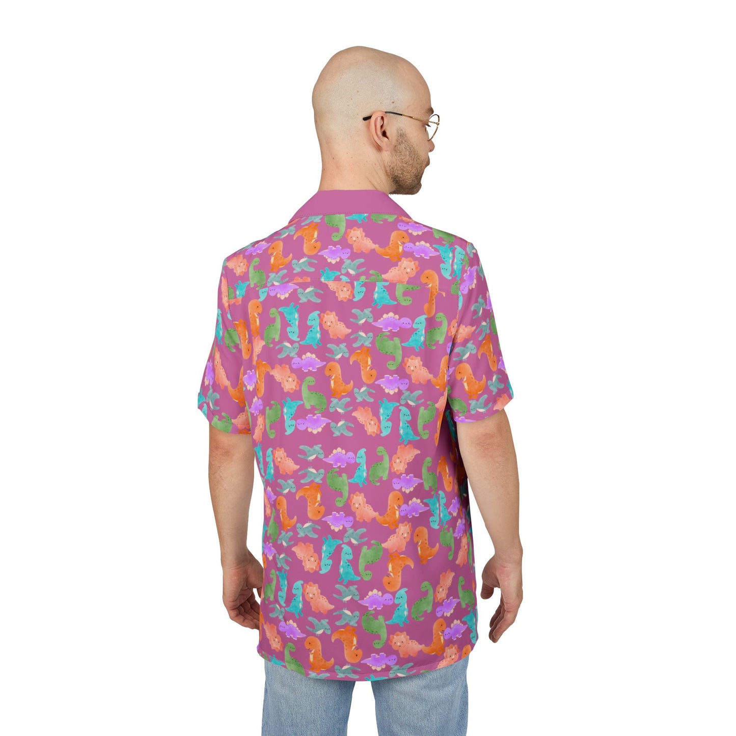 Vibrant Tropical Hawaiian Shirt for Summer Getaways Beachwear Casual Attire Vacation Luau Parties Rainbow Dinos Light Pink