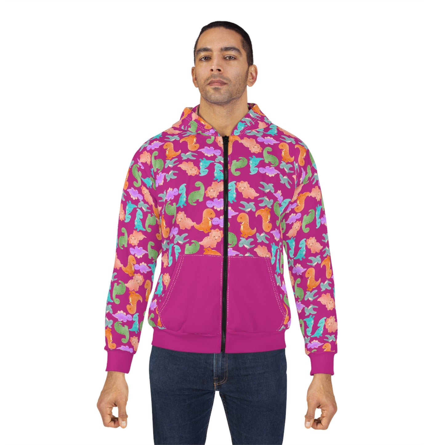Colorful Dino Unisex Zip Hoodie OceanInspired Hooded Sweatshirt Beach Trip Hoodie Perfect Gift for Marine Life Lovers Rainbow Dinos Pink