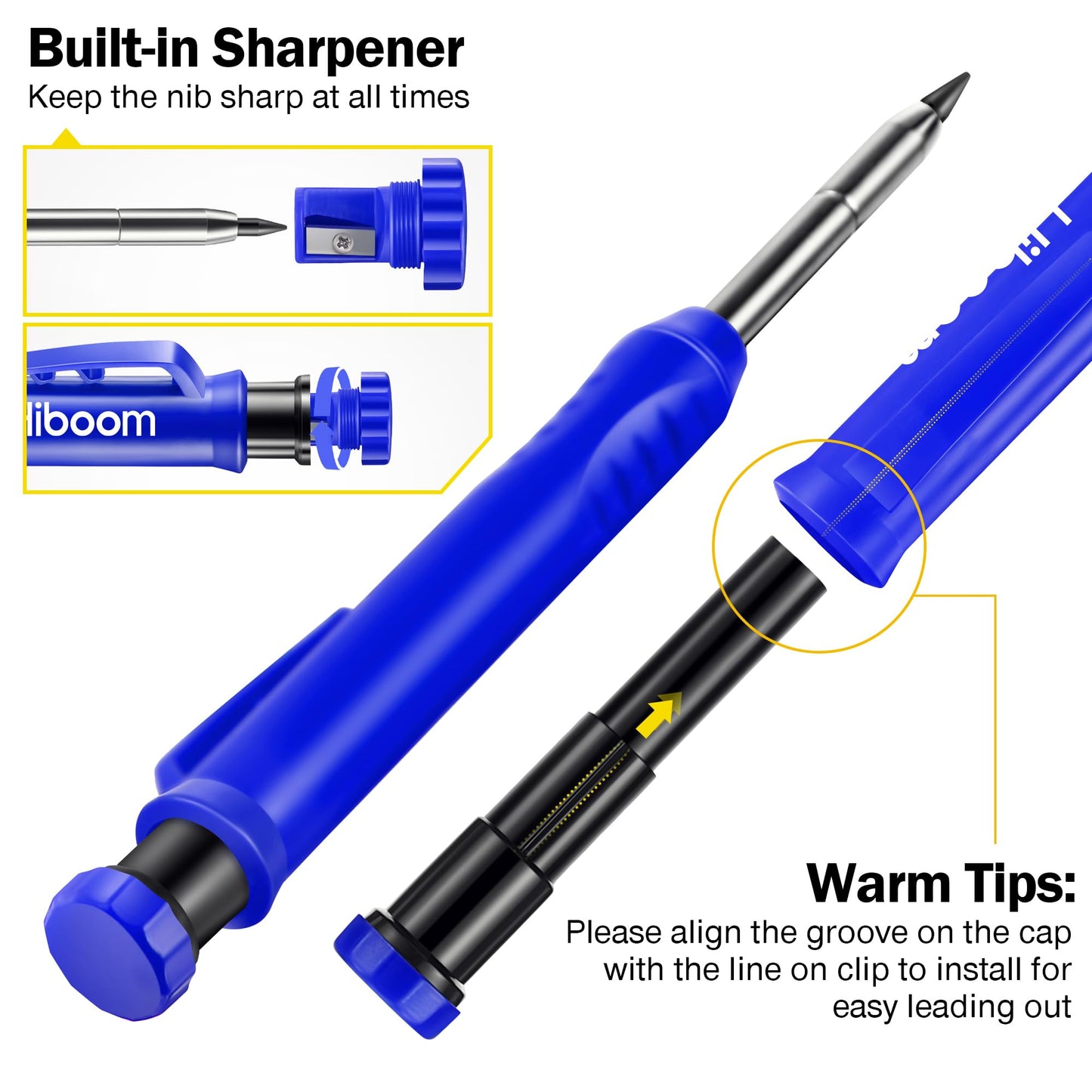 Hiboom 2 Pack Solid Carpenter Pencil with 14 Refill, Long Nosed Deep Hole Mechanical Pencil Marker with Built-in Sharpener for Carpenter Woodworking Architect with Design Patent (Black, Blue)