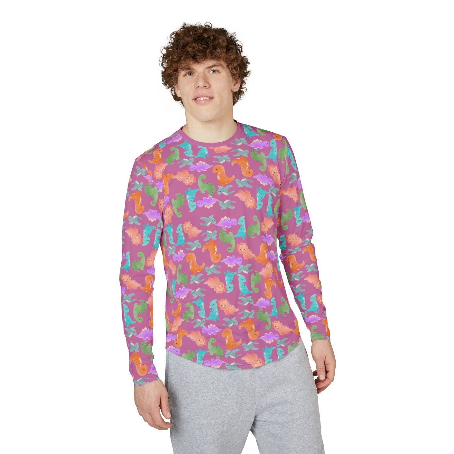Colorful Dino UV Protection Shirt for Men | Long Sleeve Sun Shirt Outdoor Apparel Beachwear Vacation Top Summer Essentials Rainbow Dinos Light Pink