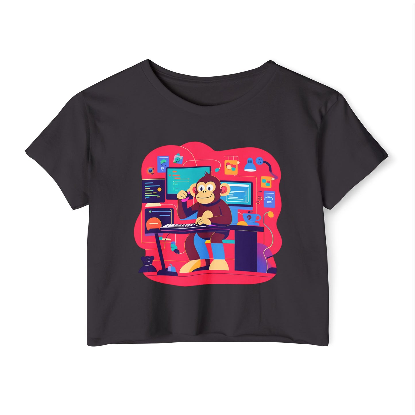 Colorful DJ Monkey Festival Crop Top, Music Festival Shirt, Summer Party Top, Gift for Festival Lovers, Playful Unique T-Shirt
