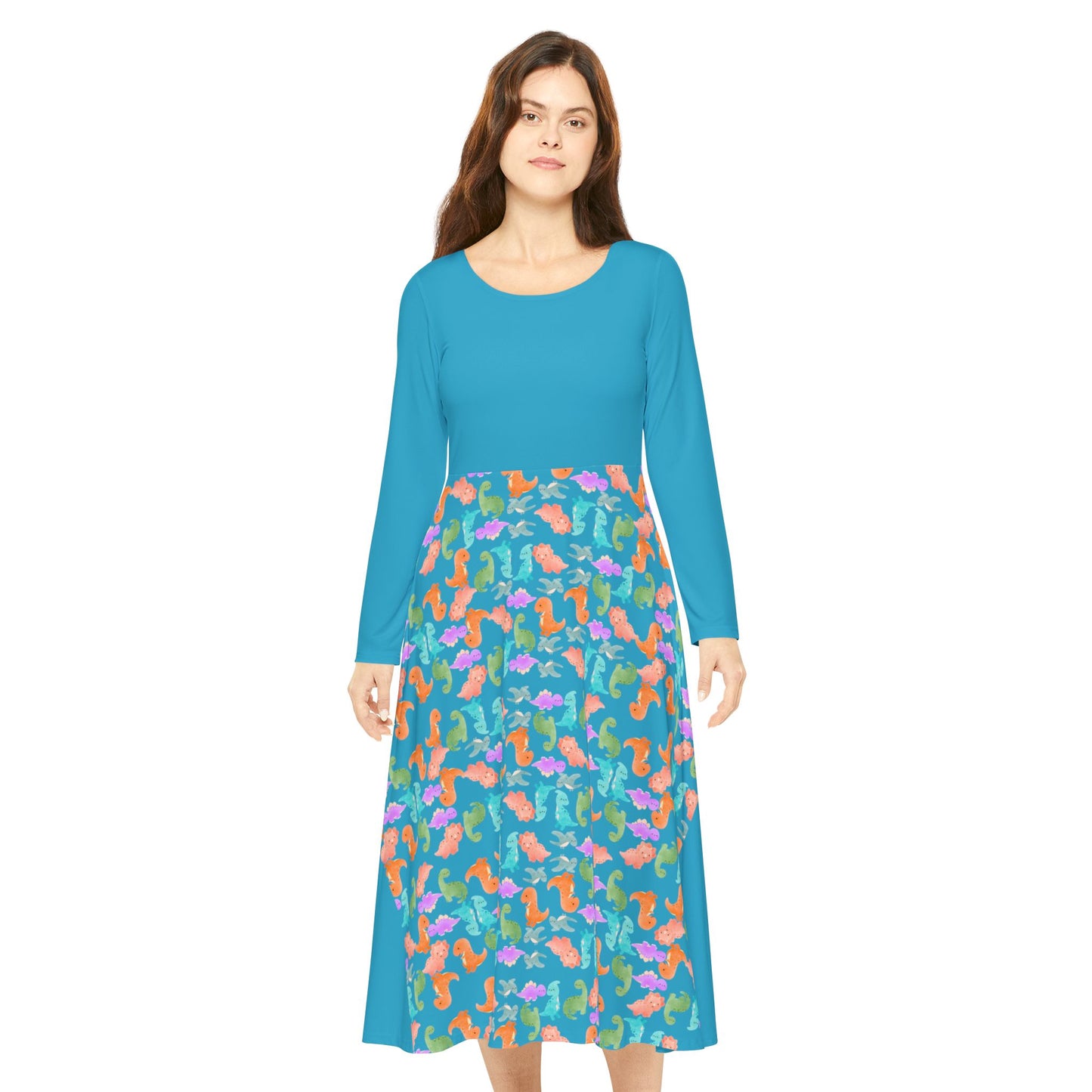 Colorful Long Sleeve Dance Dress Perfect for Parties Dance Events Spring Celebrations Playful Kids Dress Trendy Casual Wear Rainbow Dinos Turquoise