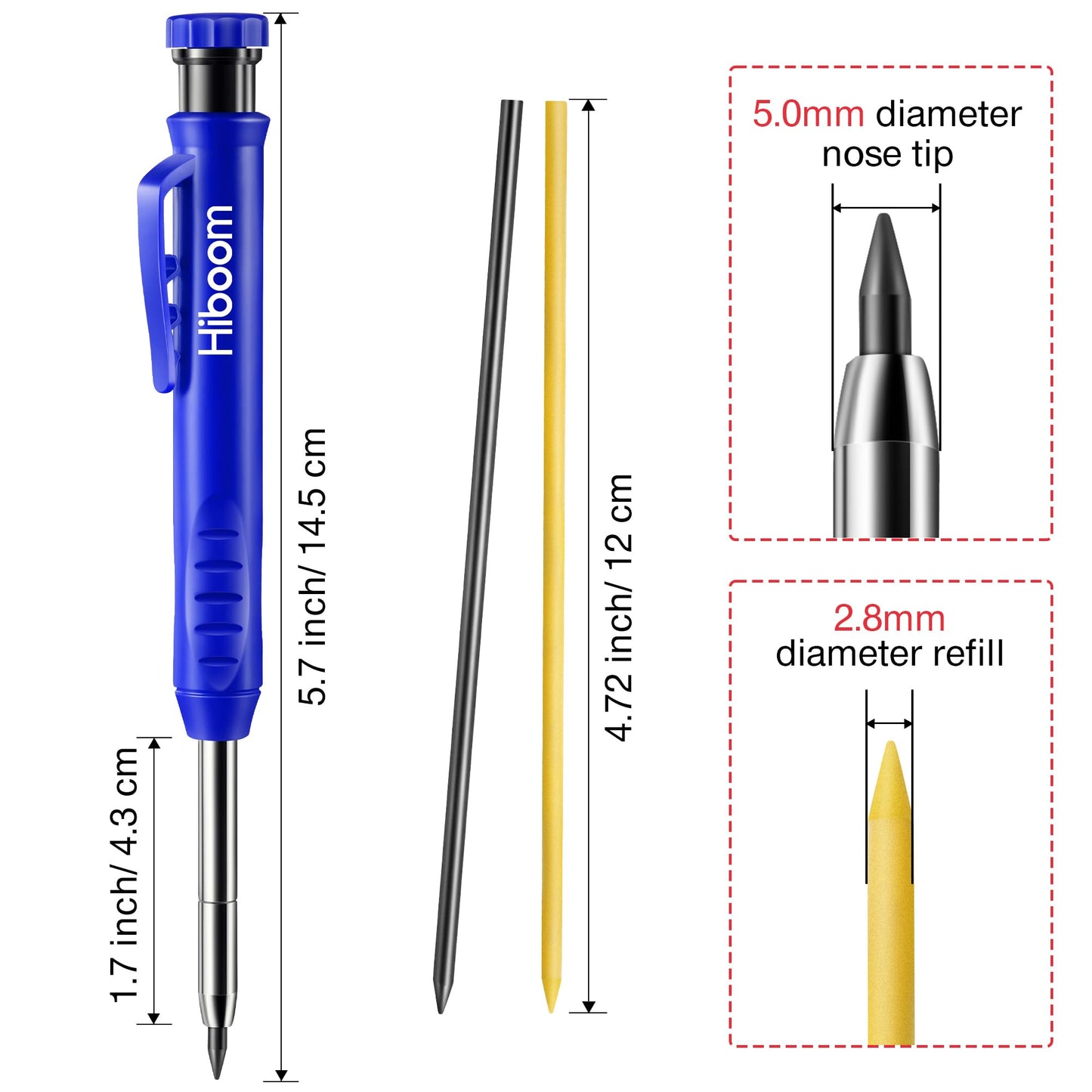 Hiboom 2 Pack Solid Carpenter Pencil with 14 Refill, Long Nosed Deep Hole Mechanical Pencil Marker with Built-in Sharpener for Carpenter Woodworking Architect with Design Patent (Black, Blue)