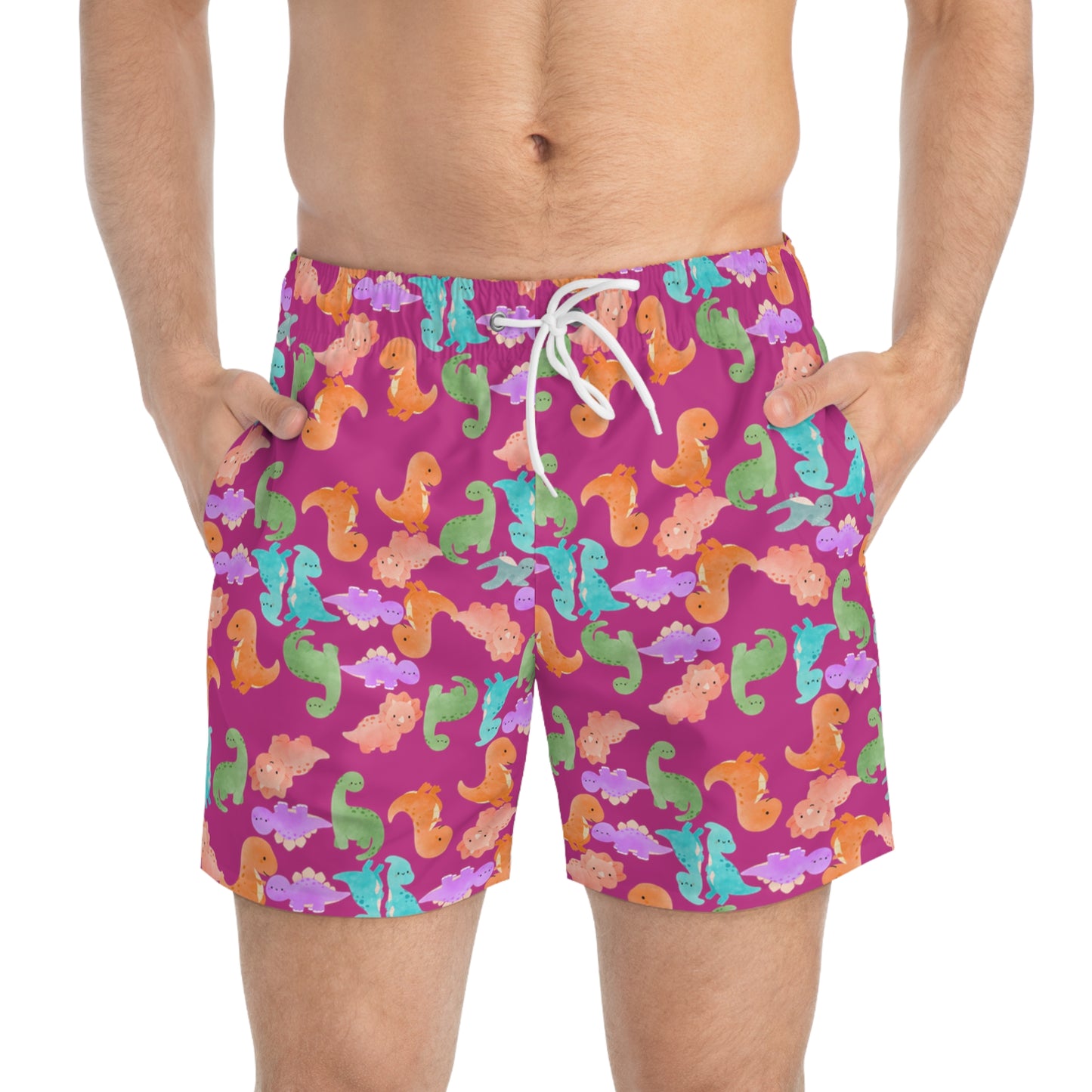 Colorful Dinosaur Swim Trunks for Summer Fun Beachwear Pool Party Vacation Essentials Kids & Adults Swimwear Rainbow Dinos Pink