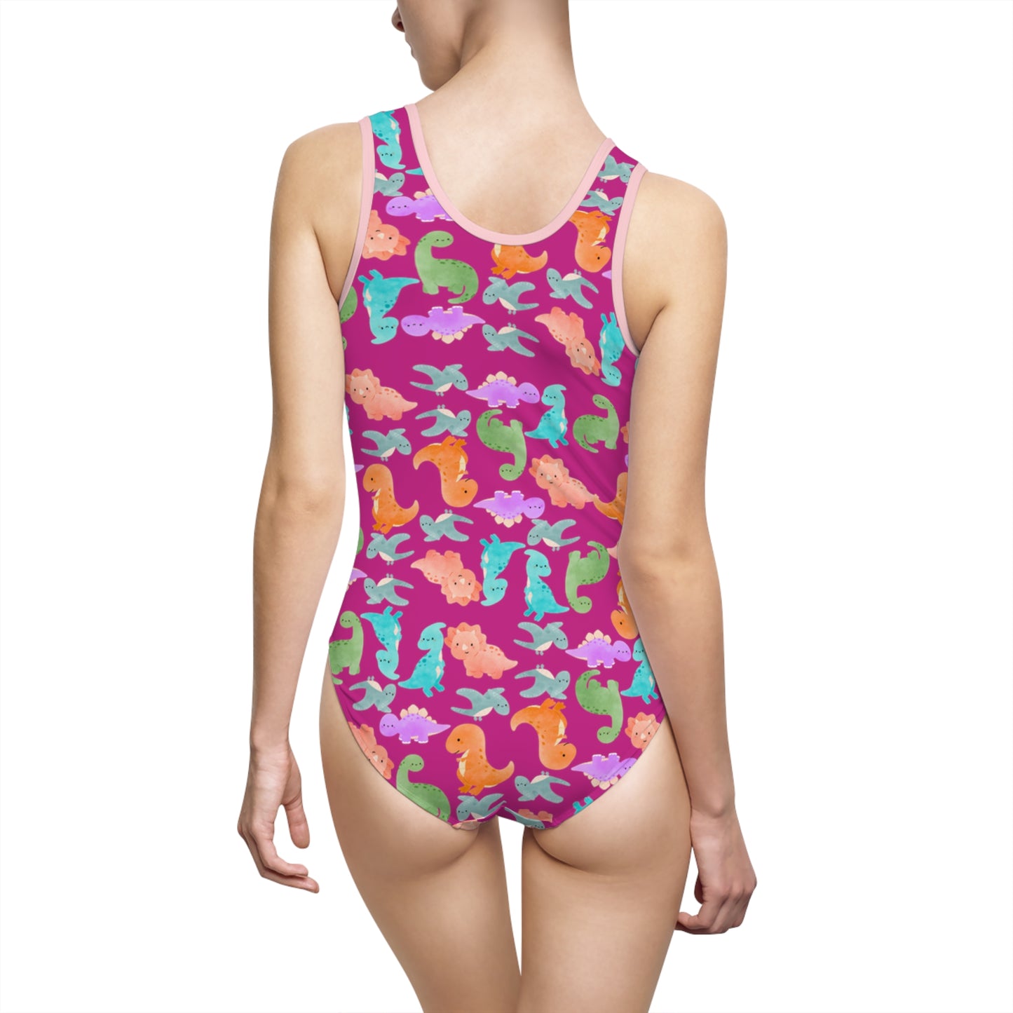 Vibrant Womens OnePiece Swimsuit Fun Summer Swimwear Beach Day Essential Pool Party Outfit Retro Style Swim Suit Rainbow Dinos Pink