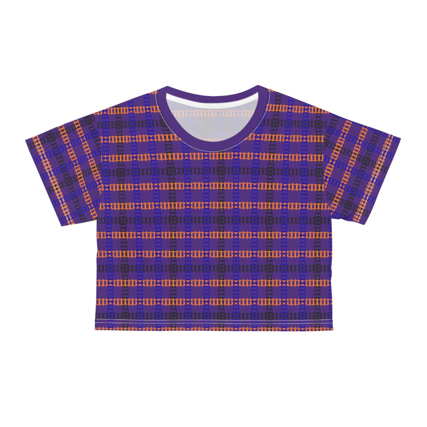 Trendy Patterned Crop Tee Casual Summer Top Gift for Her Festival Wear Stylish Weekend Outfits Train Tracks Purple