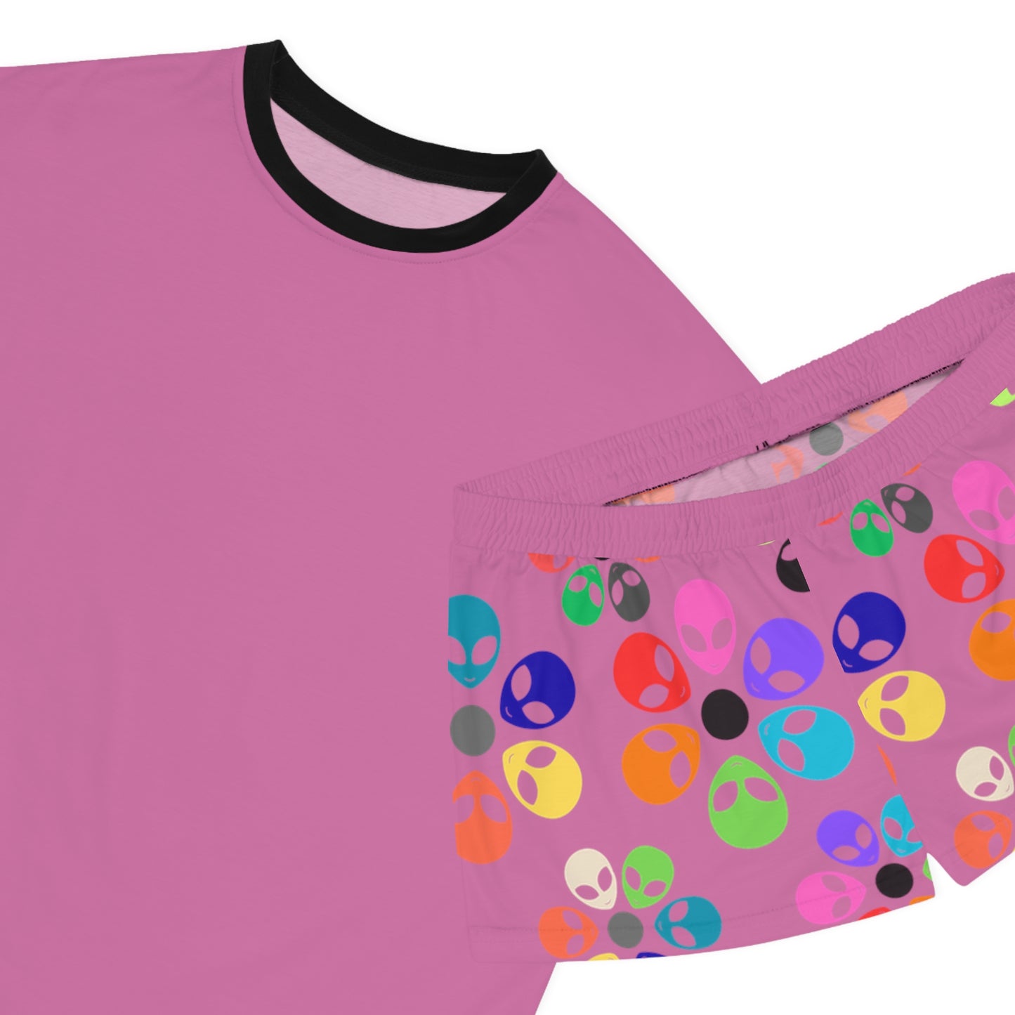 Colorful Alien Print Womens Pajama Set Fun Sleepwear for Teens Relaxing Nightwear Unique Gift for Space Lovers Cute Loungewear Alien Rainbow Flowers Light Pink