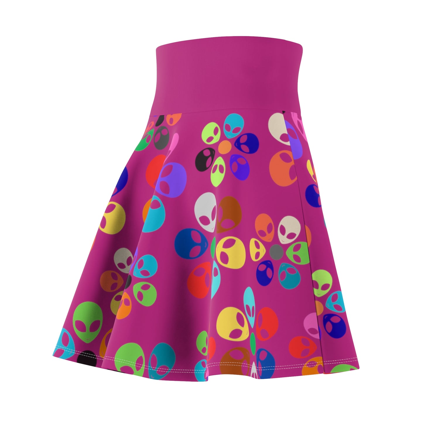Colorful Alien Print Womens Skater Skirt Fun Fashion Summer Vibes Festival Wear Unique Style Casual Skirts Gifts for Her Alien Rainbow Flowers Pink
